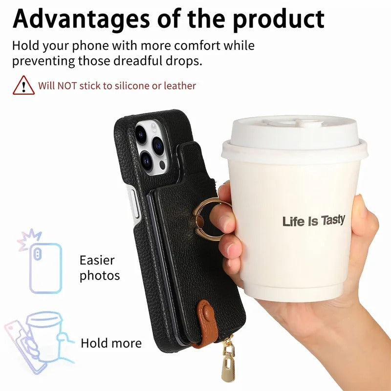 Luxury iPhone Case — PU Leather Zipper Wallet Cover with Card Holder, Ring Kickstand, Lanyard Strap and Magnetic Anti-Fingerprint Protection