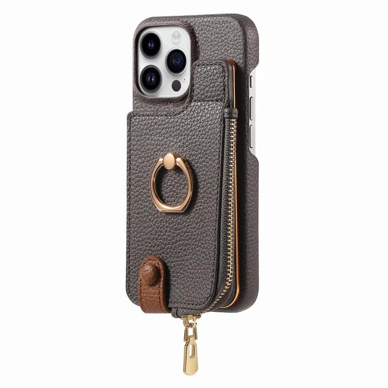 Luxury iPhone Case — PU Leather Zipper Wallet Cover with Card Holder, Ring Kickstand, Lanyard Strap and Magnetic Anti-Fingerprint Protection