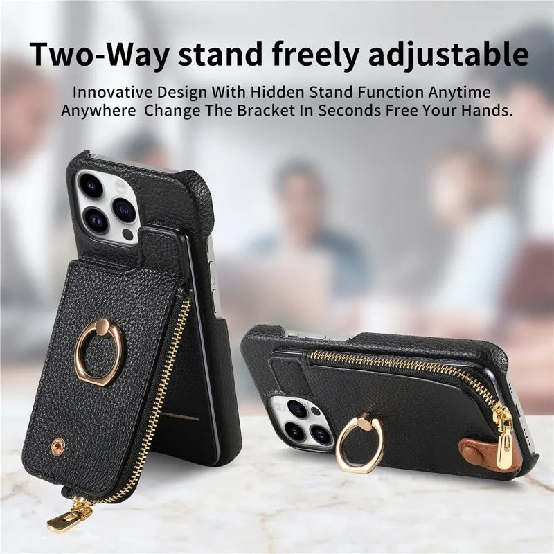 Luxury iPhone Case — PU Leather Zipper Wallet Cover with Card Holder, Ring Kickstand, Lanyard Strap and Magnetic Anti-Fingerprint Protection