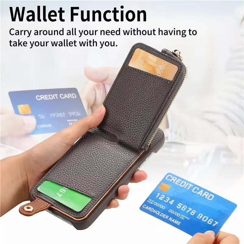 Luxury iPhone Case — PU Leather Zipper Wallet Cover with Card Holder, Ring Kickstand, Lanyard Strap and Magnetic Anti-Fingerprint Protection