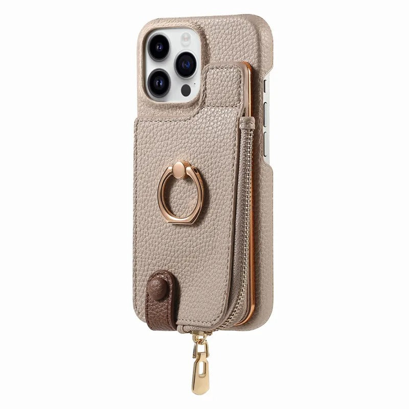 Luxury iPhone Case — PU Leather Zipper Wallet Cover with Card Holder, Ring Kickstand, Lanyard Strap and Magnetic Anti-Fingerprint Protection
