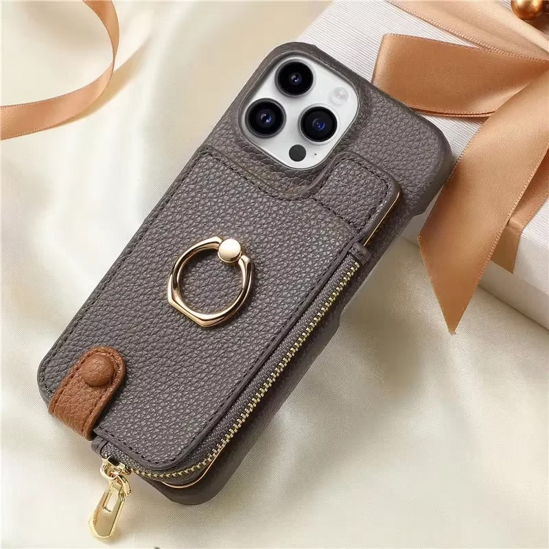 Luxury iPhone Case — PU Leather Zipper Wallet Cover with Card Holder, Ring Kickstand, Lanyard Strap and Magnetic Anti-Fingerprint Protection