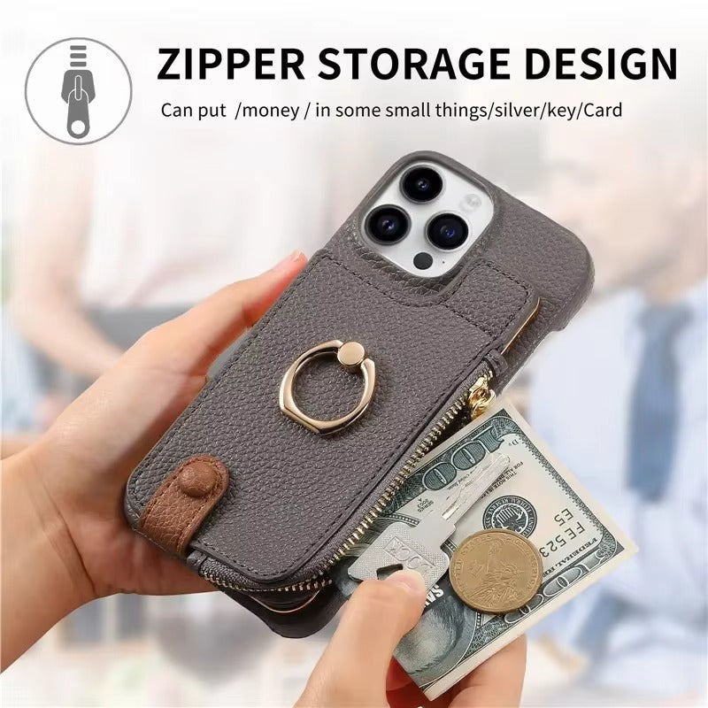Luxury iPhone Case — PU Leather Zipper Wallet Cover with Card Holder, Ring Kickstand, Lanyard Strap and Magnetic Anti-Fingerprint Protection