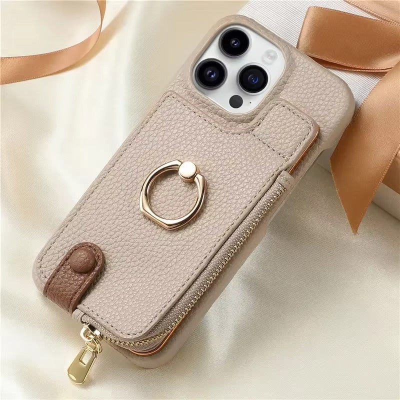 Luxury iPhone Case — PU Leather Zipper Wallet Cover with Card Holder, Ring Kickstand, Lanyard Strap and Magnetic Anti-Fingerprint Protection