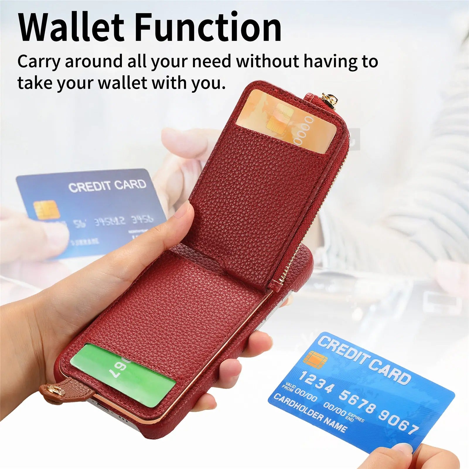Luxury iPhone Case — PU Leather Zipper Wallet Cover with Card Holder, Ring Kickstand, Lanyard Strap and Magnetic Anti-Fingerprint Protection