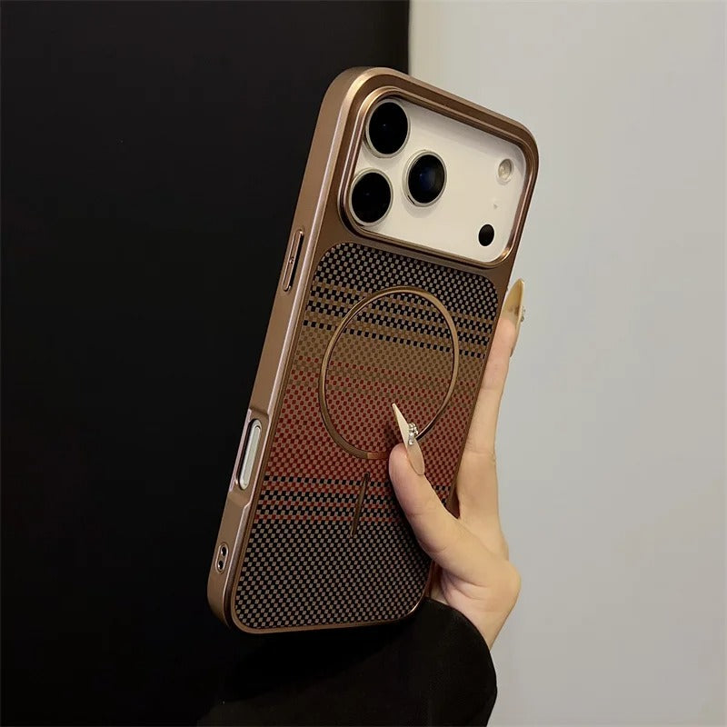 Luxury iPhone Case — Plating Color Gradient Plaid Cover with MagSafe Magnets, Silicone Back, Shockproof Protection & Open Camera Design