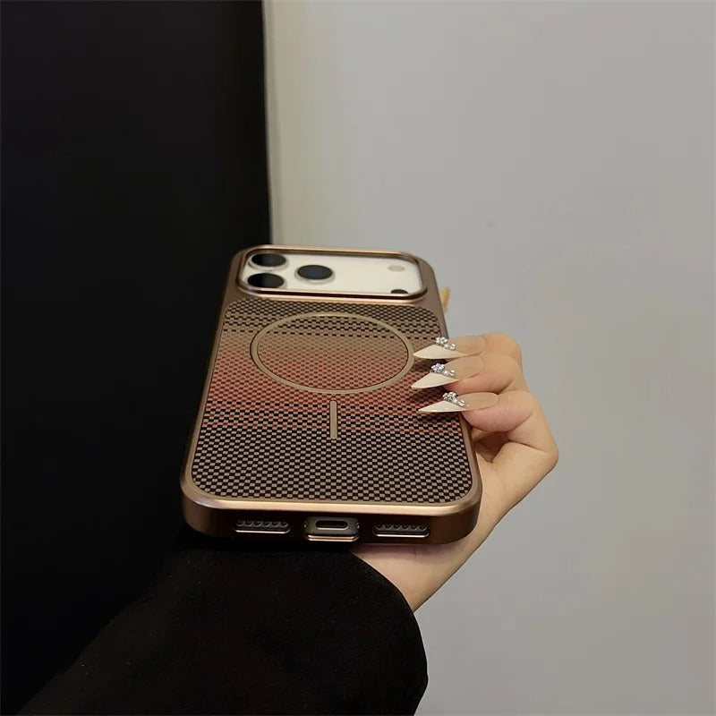 Luxury iPhone Case — Plating Color Gradient Plaid Cover with MagSafe Magnets, Silicone Back, Shockproof Protection & Open Camera Design