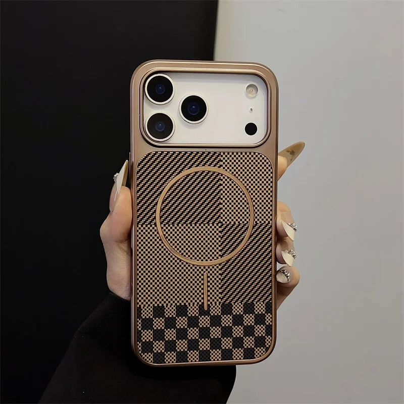 Luxury iPhone Case — Plating Color Gradient Plaid Cover with MagSafe Magnets, Silicone Back, Shockproof Protection & Open Camera Design