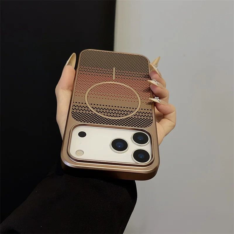 Luxury iPhone Case — Plating Color Gradient Plaid Cover with MagSafe Magnets, Silicone Back, Shockproof Protection & Open Camera Design