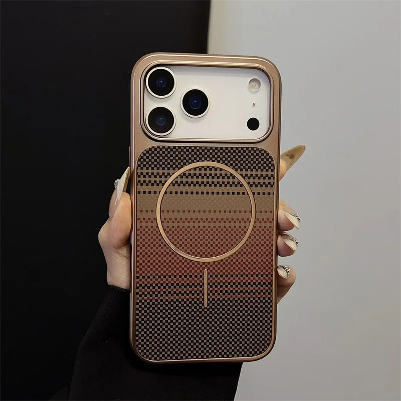Luxury iPhone Case — Plating Color Gradient Plaid Cover with MagSafe Magnets, Silicone Back, Shockproof Protection & Open Camera Design