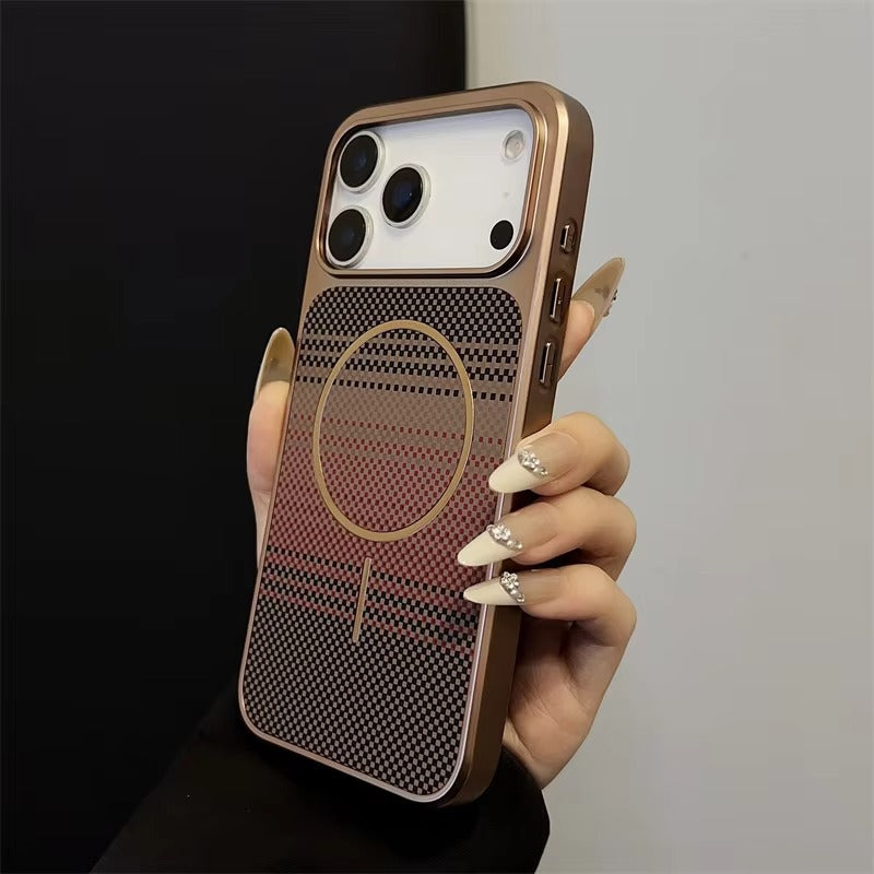 Luxury iPhone Case — Plating Color Gradient Plaid Cover with MagSafe Magnets, Silicone Back, Shockproof Protection & Open Camera Design