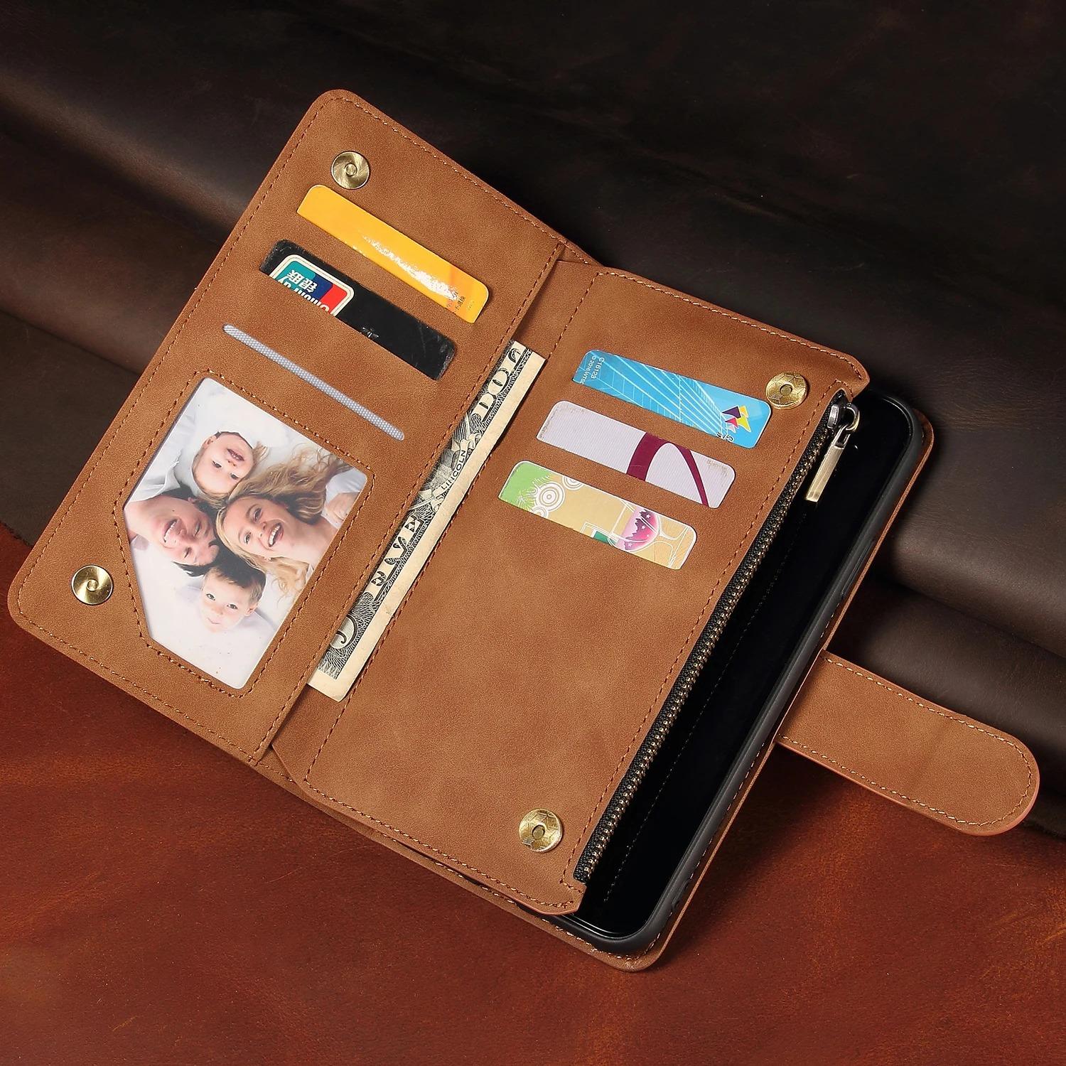 Luxury iPhone Case — Premium Leather Wallet with Zipper, Magnetic Flip, Card Slots, Shockproof & Non-Slip Design