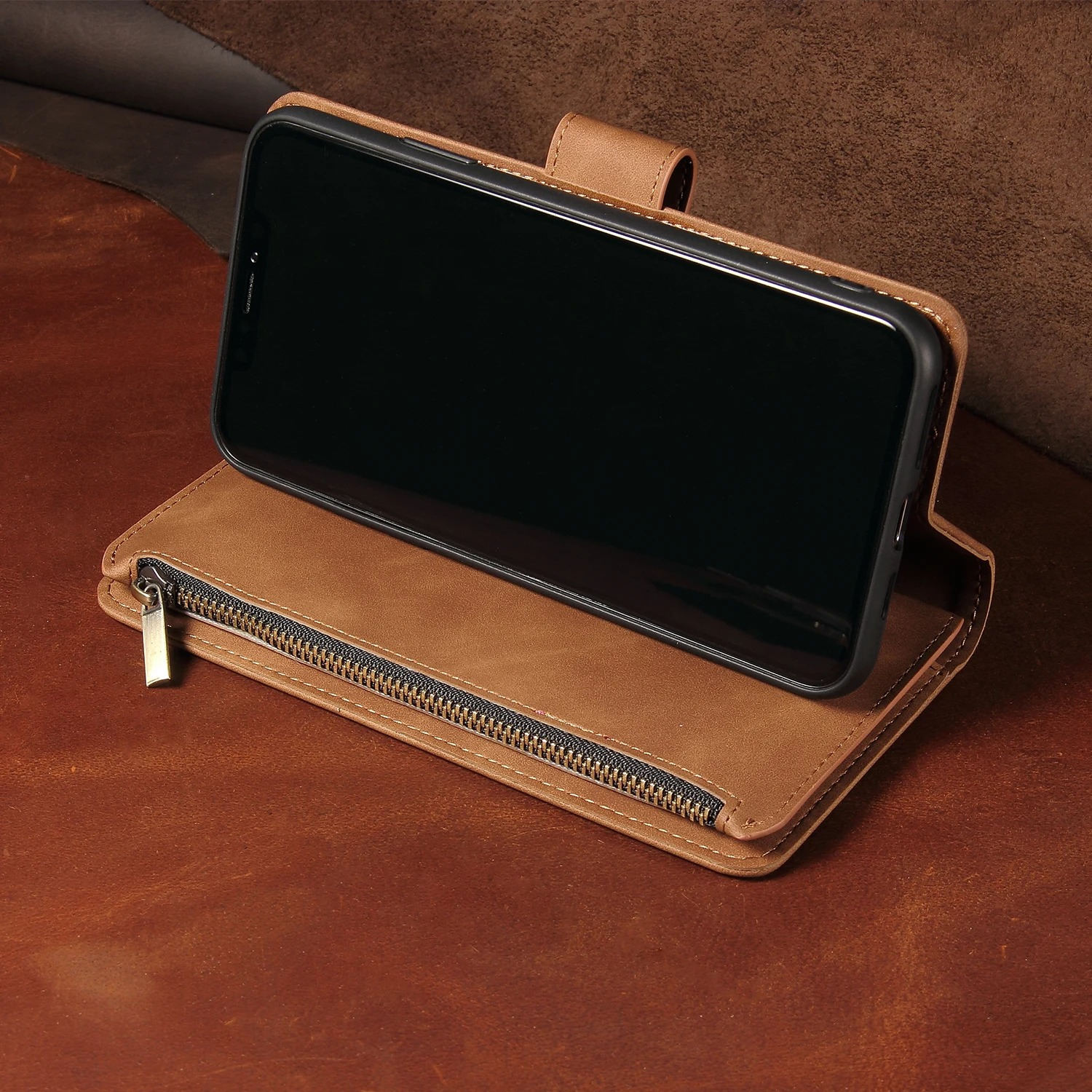 Luxury iPhone Case — Premium Leather Wallet with Zipper, Magnetic Flip, Card Slots, Shockproof & Non-Slip Design