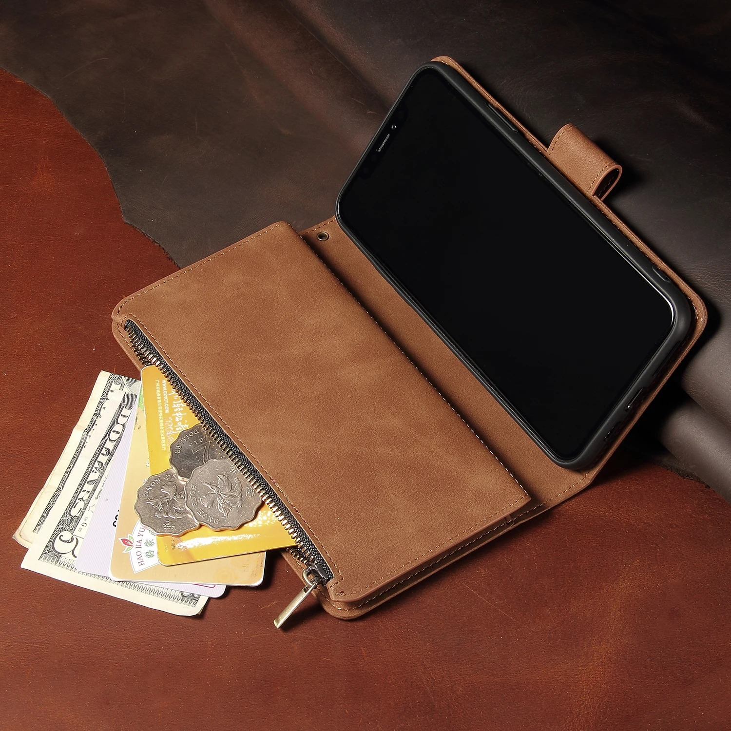 Luxury iPhone Case — Premium Leather Wallet with Zipper, Magnetic Flip, Card Slots, Shockproof & Non-Slip Design
