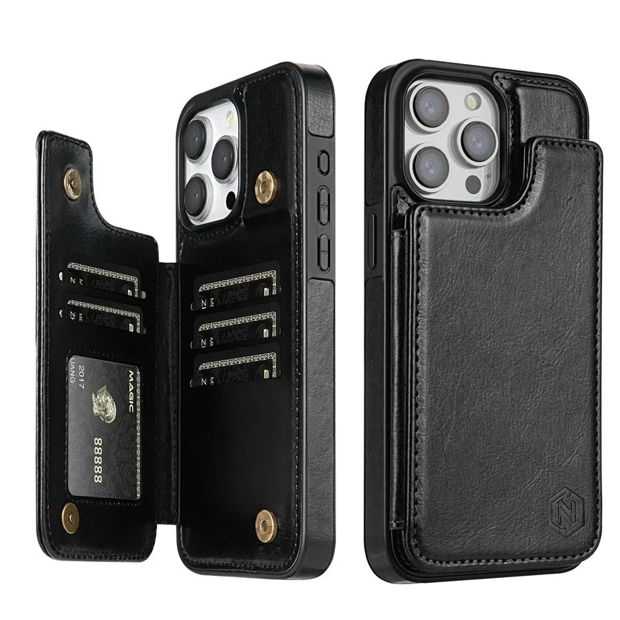 Luxury iPhone Case — RFID-Blocking Magnetic Flip Wallet Cover with Artificial Leather, Shockproof Dual-Layer Protection, Card Slots & Non-Slip Design
