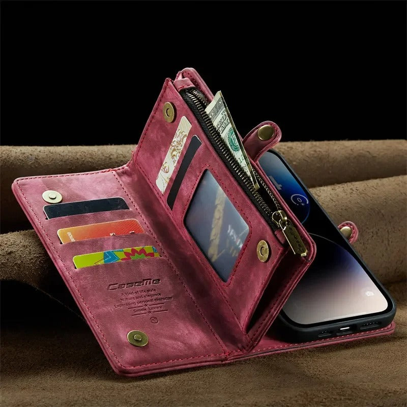 Luxury iPhone Case — Removable Magnetic Wallet Cover with Metal Zipper, 8-Slot Card Purse, Anti-Fingerprint Leather Design and Lanyard Strap