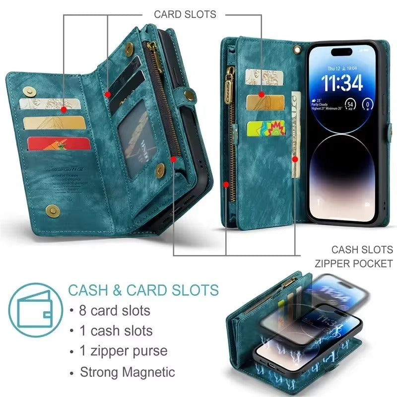 Luxury iPhone Case — Removable Magnetic Wallet Cover with Metal Zipper, 8-Slot Card Purse, Anti-Fingerprint Leather Design and Lanyard Strap
