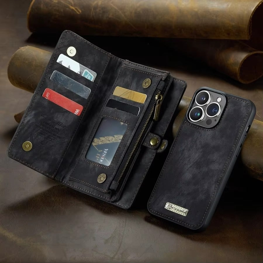 Luxury iPhone Case — Removable Magnetic Wallet Cover with Metal Zipper, 8-Slot Card Purse, Anti-Fingerprint Leather Design and Lanyard Strap