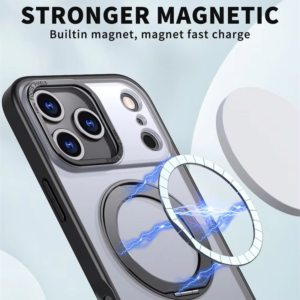 Luxury iPhone Case — Rotating Magnetic Ring Fold Stand Cover with Clear Acrylic Back, Full Lens Protection & Shockproof Bumper Design