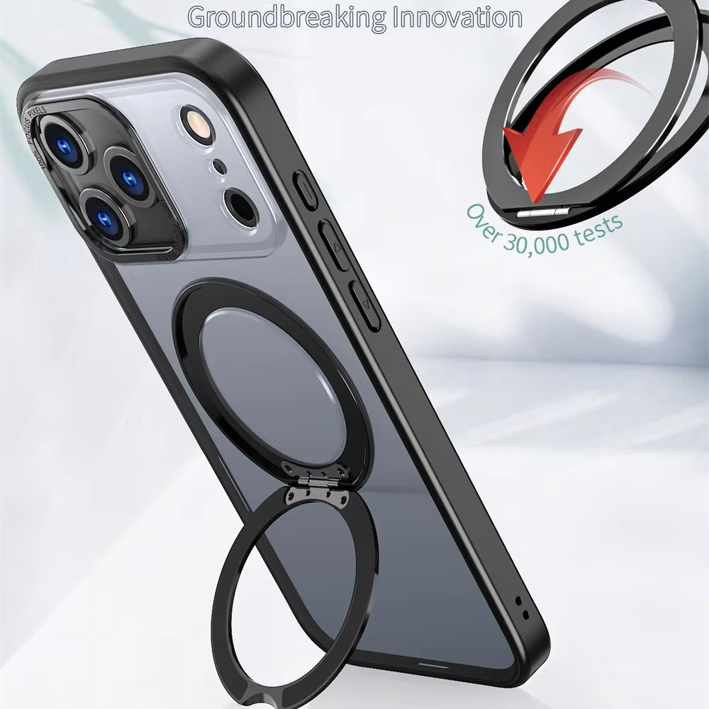 Luxury iPhone Case — Rotating Magnetic Ring Fold Stand Cover with Clear Acrylic Back, Full Lens Protection & Shockproof Bumper Design
