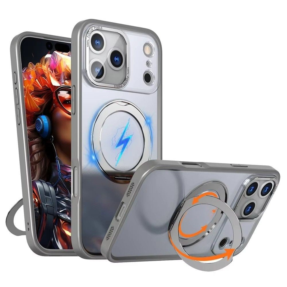 Luxury iPhone Case — Rotating Magnetic Ring Fold Stand Cover with Clear Acrylic Back, Full Lens Protection & Shockproof Bumper Design