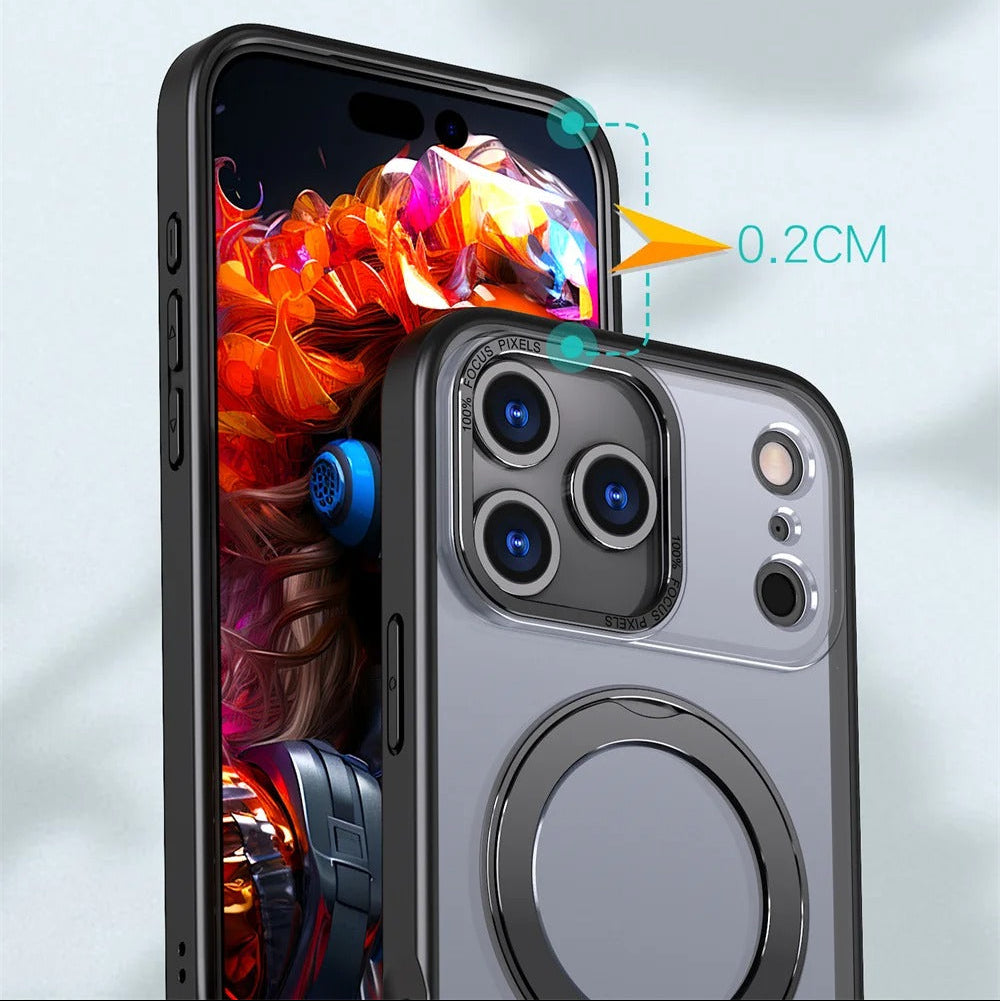 Luxury iPhone Case — Rotating Magnetic Ring Fold Stand Cover with Clear Acrylic Back, Full Lens Protection & Shockproof Bumper Design