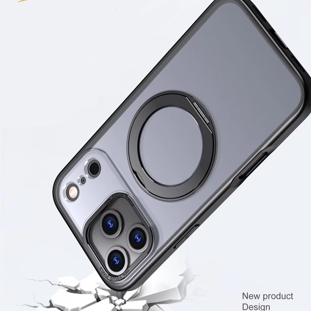 Luxury iPhone Case — Rotating Magnetic Ring Fold Stand Cover with Clear Acrylic Back, Full Lens Protection & Shockproof Bumper Design