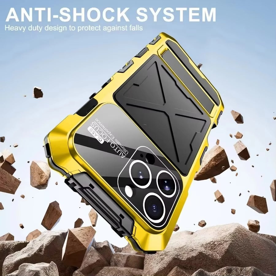Luxury iPhone Case — Shockproof Metal Bumper Protective Cover with Anti-Fall Silicone Bracket & Rugged Design