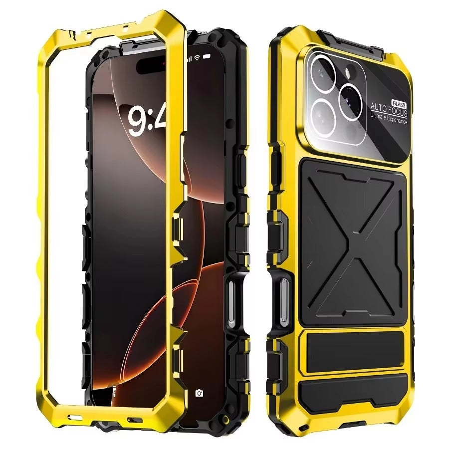Luxury iPhone Case — Shockproof Metal Bumper Protective Cover with Anti-Fall Silicone Bracket & Rugged Design