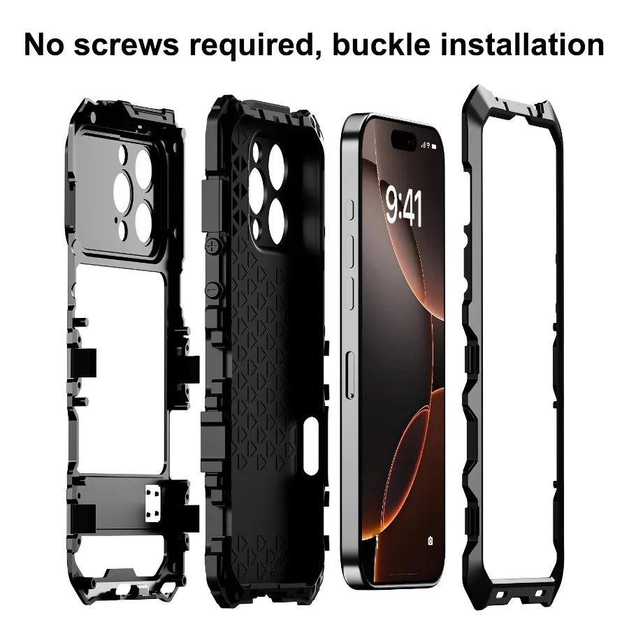 Luxury iPhone Case — Shockproof Metal Bumper Protective Cover with Anti-Fall Silicone Bracket & Rugged Design