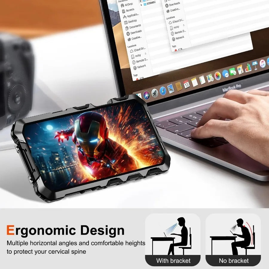 Luxury iPhone Case — Shockproof Metal Bumper Protective Cover with Anti-Fall Silicone Bracket & Rugged Design