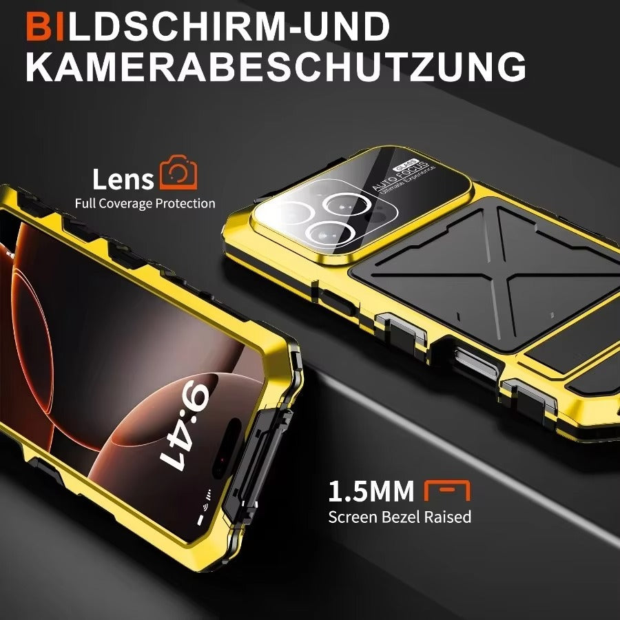 Luxury iPhone Case — Shockproof Metal Bumper Protective Cover with Anti-Fall Silicone Bracket & Rugged Design