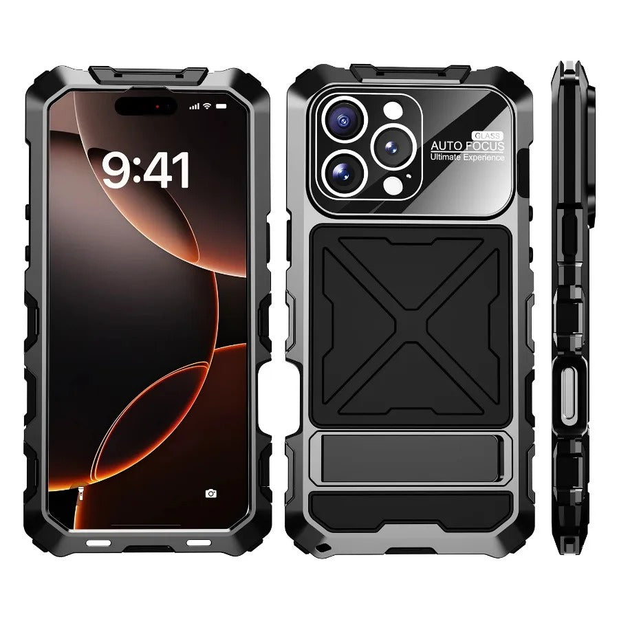 Luxury iPhone Case — Shockproof Metal Bumper Protective Cover with Anti-Fall Silicone Bracket & Rugged Design