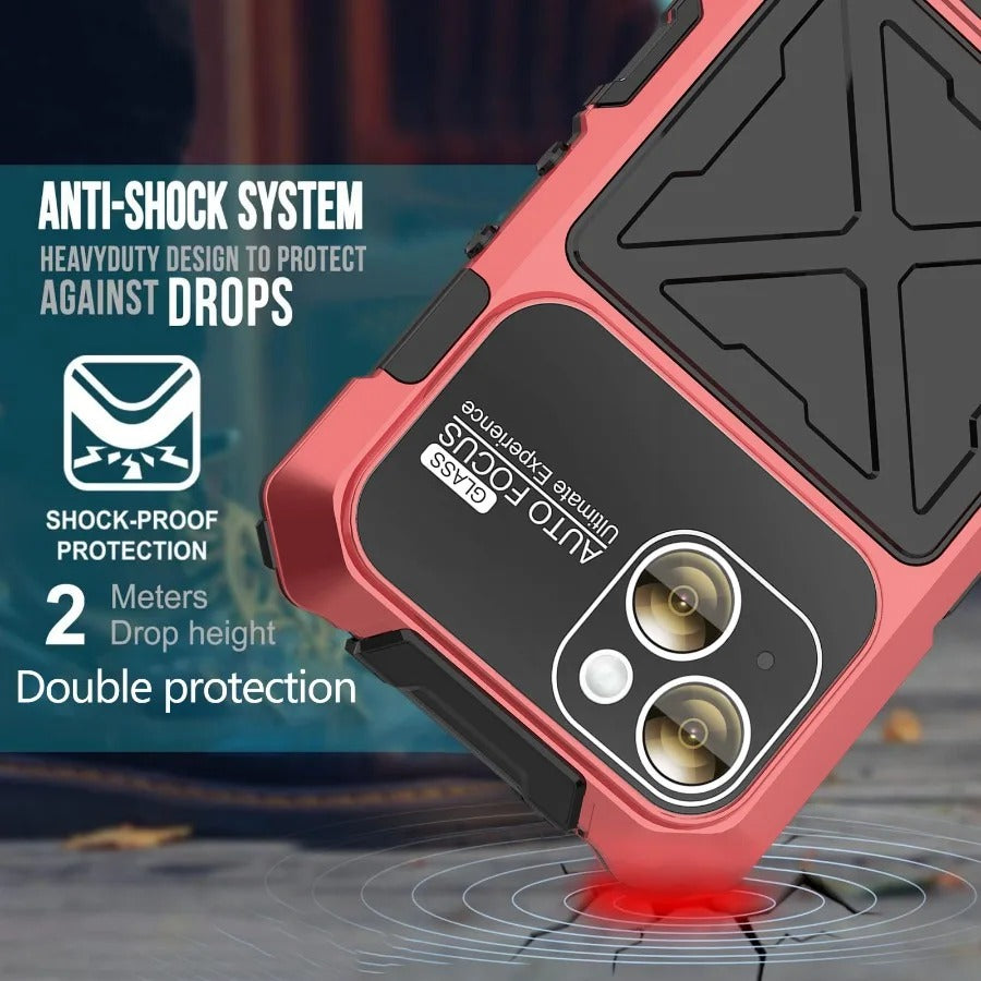 Luxury iPhone Case — Shockproof Metal Bumper Protective Cover with Anti-Fall Silicone Bracket & Rugged Design