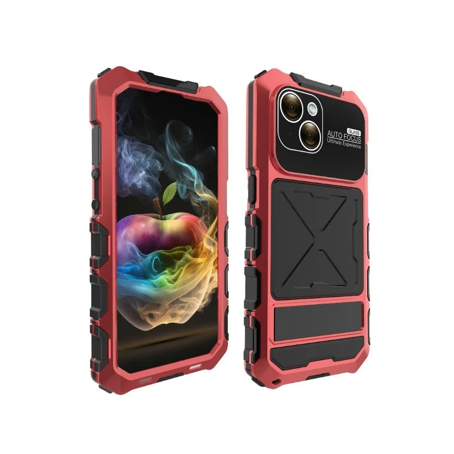 Luxury iPhone Case — Shockproof Metal Bumper Protective Cover with Anti-Fall Silicone Bracket & Rugged Design