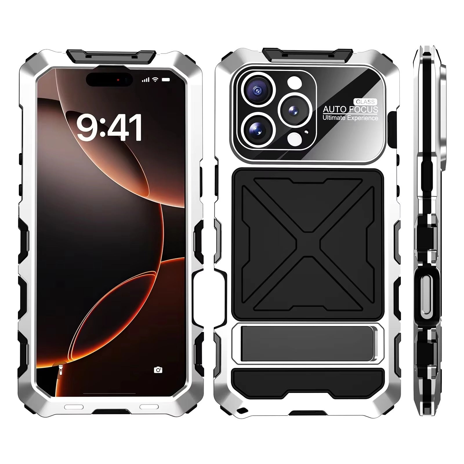Luxury iPhone Case — Shockproof Metal Bumper Protective Cover with Anti-Fall Silicone Bracket & Rugged Design