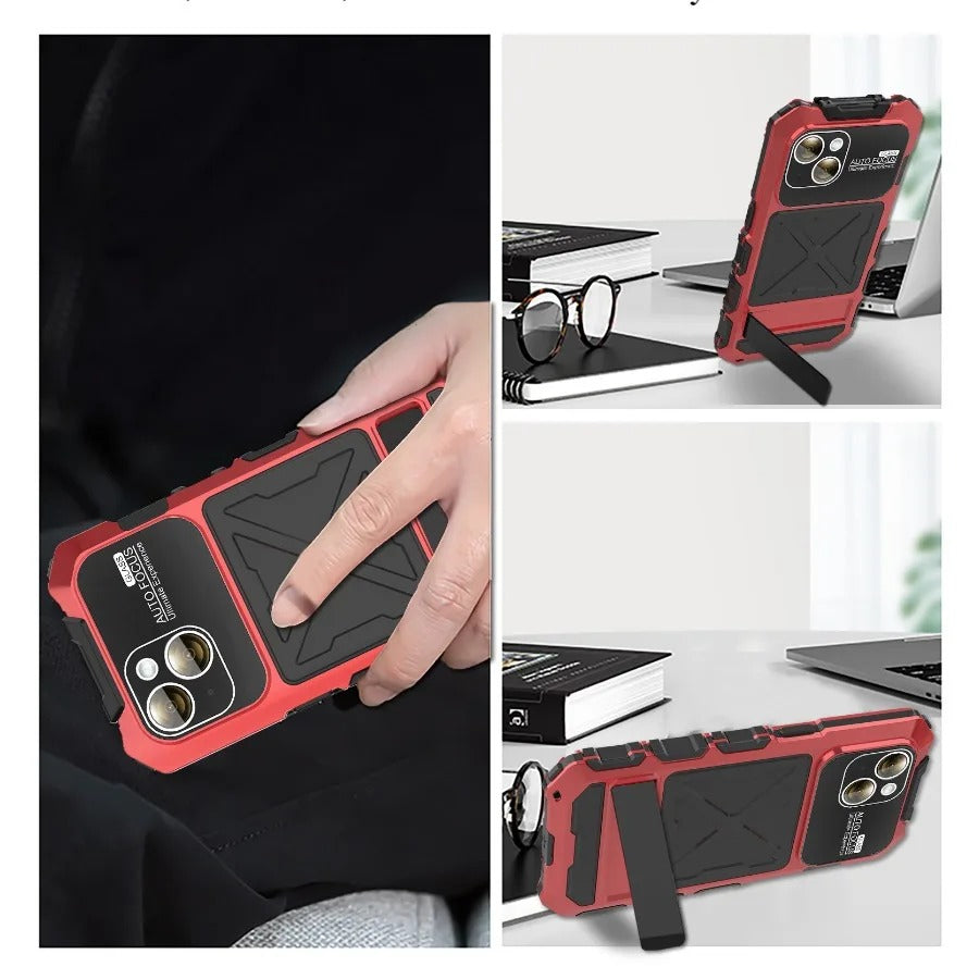 Luxury iPhone Case — Shockproof Metal Bumper Protective Cover with Anti-Fall Silicone Bracket & Rugged Design