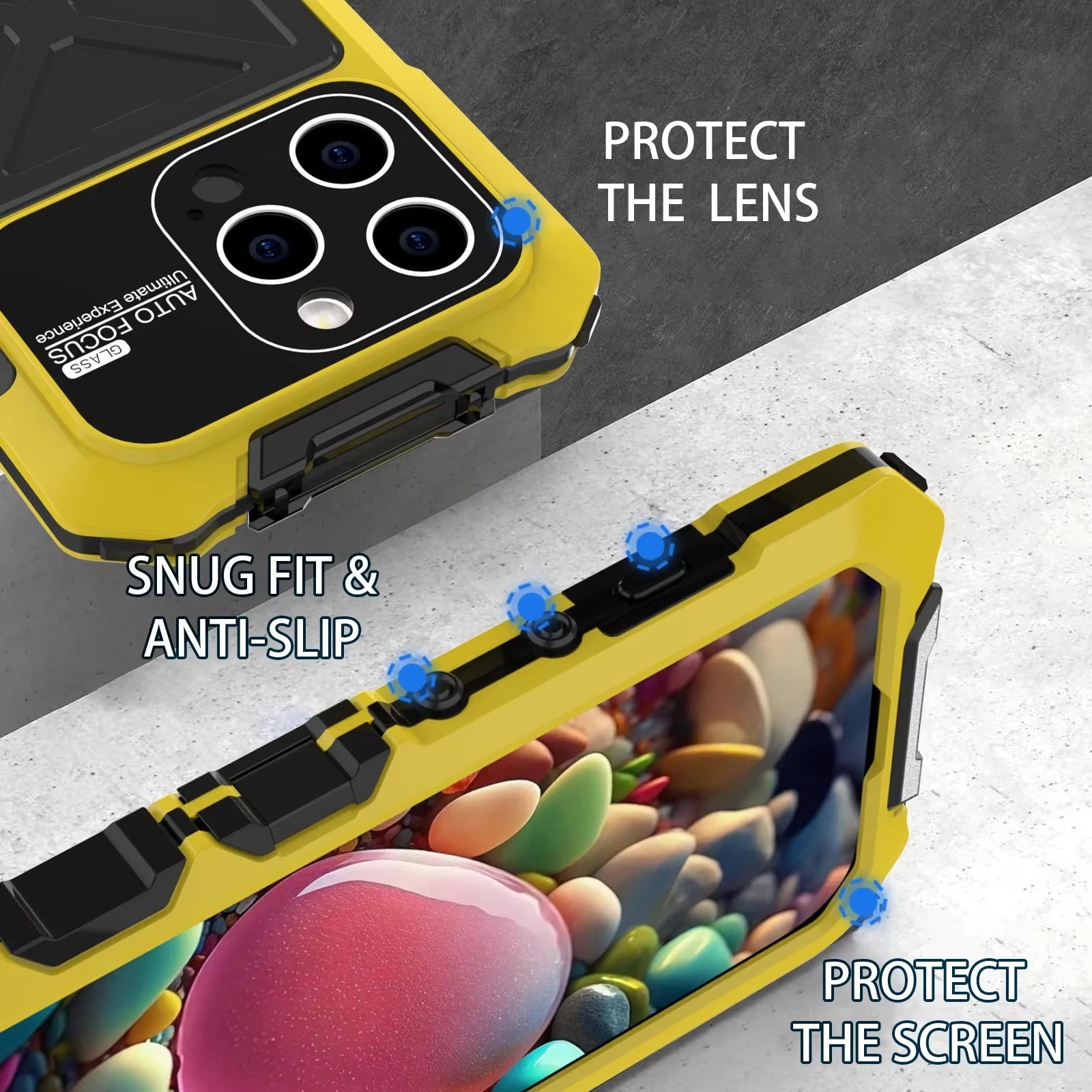 Luxury iPhone Case — Shockproof Metal Bumper Protective Cover with Anti-Fall Silicone Bracket & Rugged Design