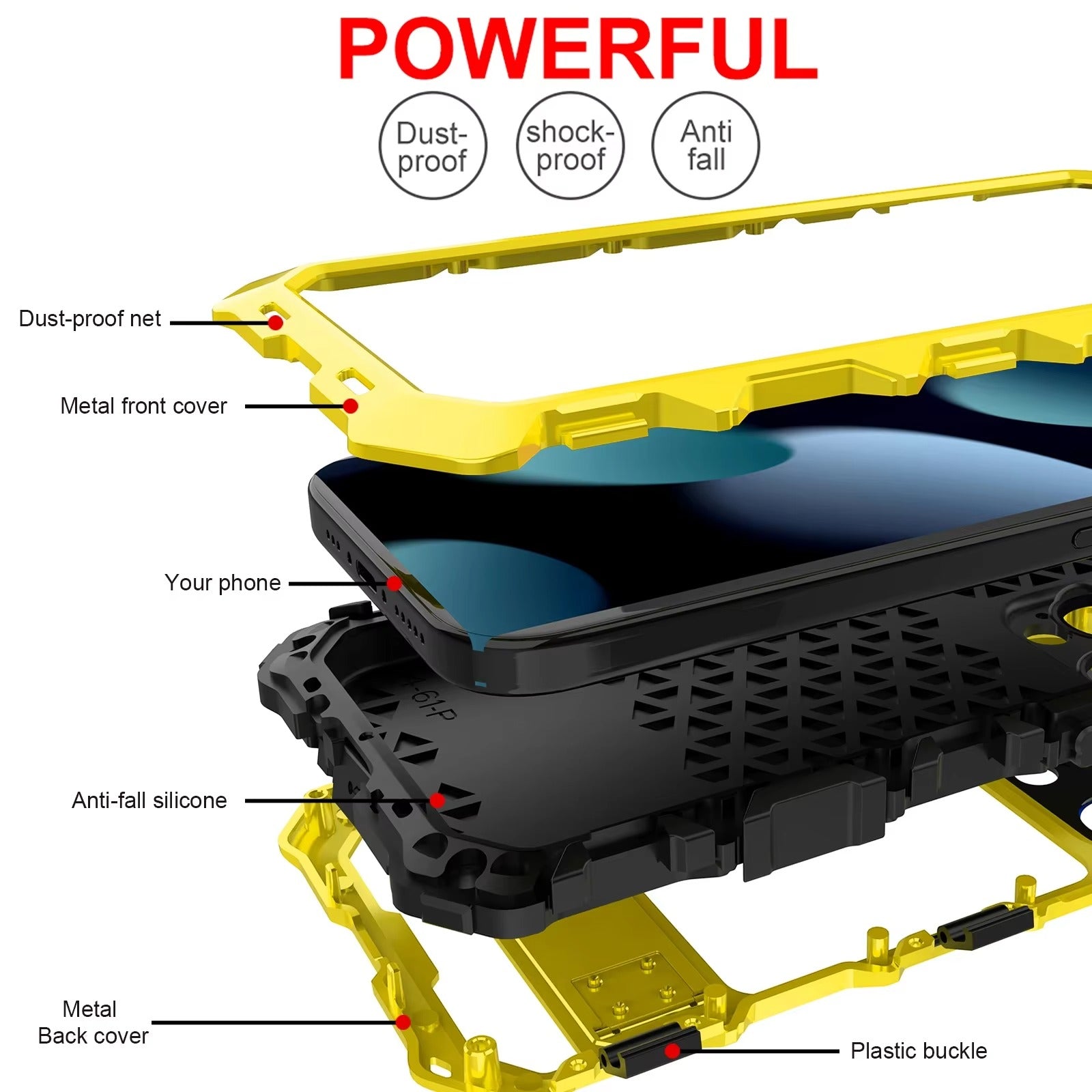 Luxury iPhone Case — Shockproof Metal Bumper Protective Cover with Anti-Fall Silicone Bracket & Rugged Design