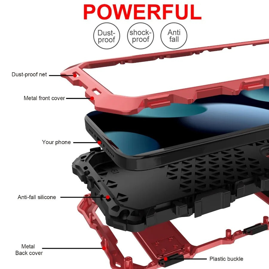 Luxury iPhone Case — Shockproof Metal Bumper Protective Cover with Anti-Fall Silicone Bracket & Rugged Design