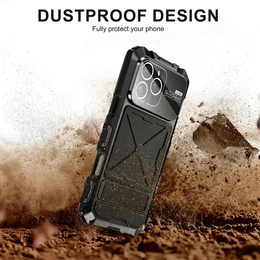 Luxury iPhone Case — Shockproof Metal Bumper Protective Cover with Anti-Fall Silicone Bracket & Rugged Design