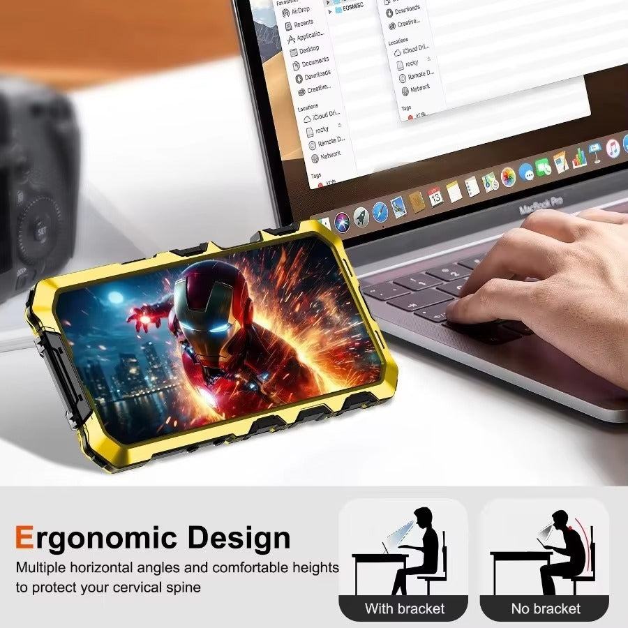 Luxury iPhone Case — Shockproof Metal Bumper Protective Cover with Anti-Fall Silicone Bracket & Rugged Design