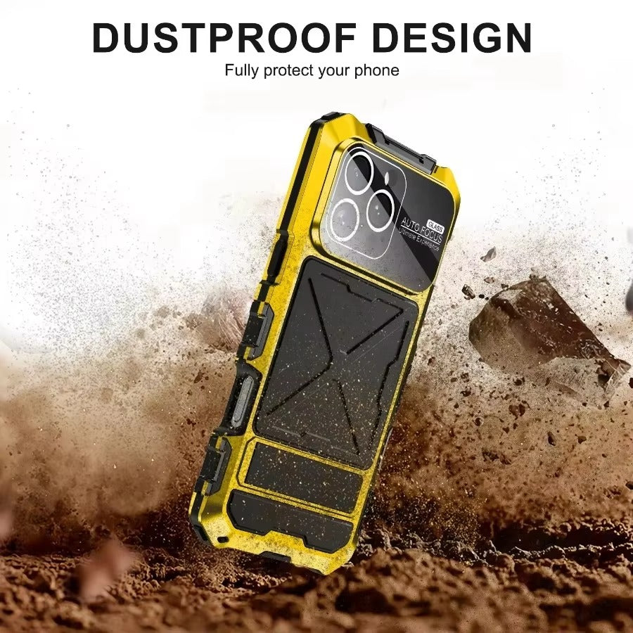 Luxury iPhone Case — Shockproof Metal Bumper Protective Cover with Anti-Fall Silicone Bracket & Rugged Design
