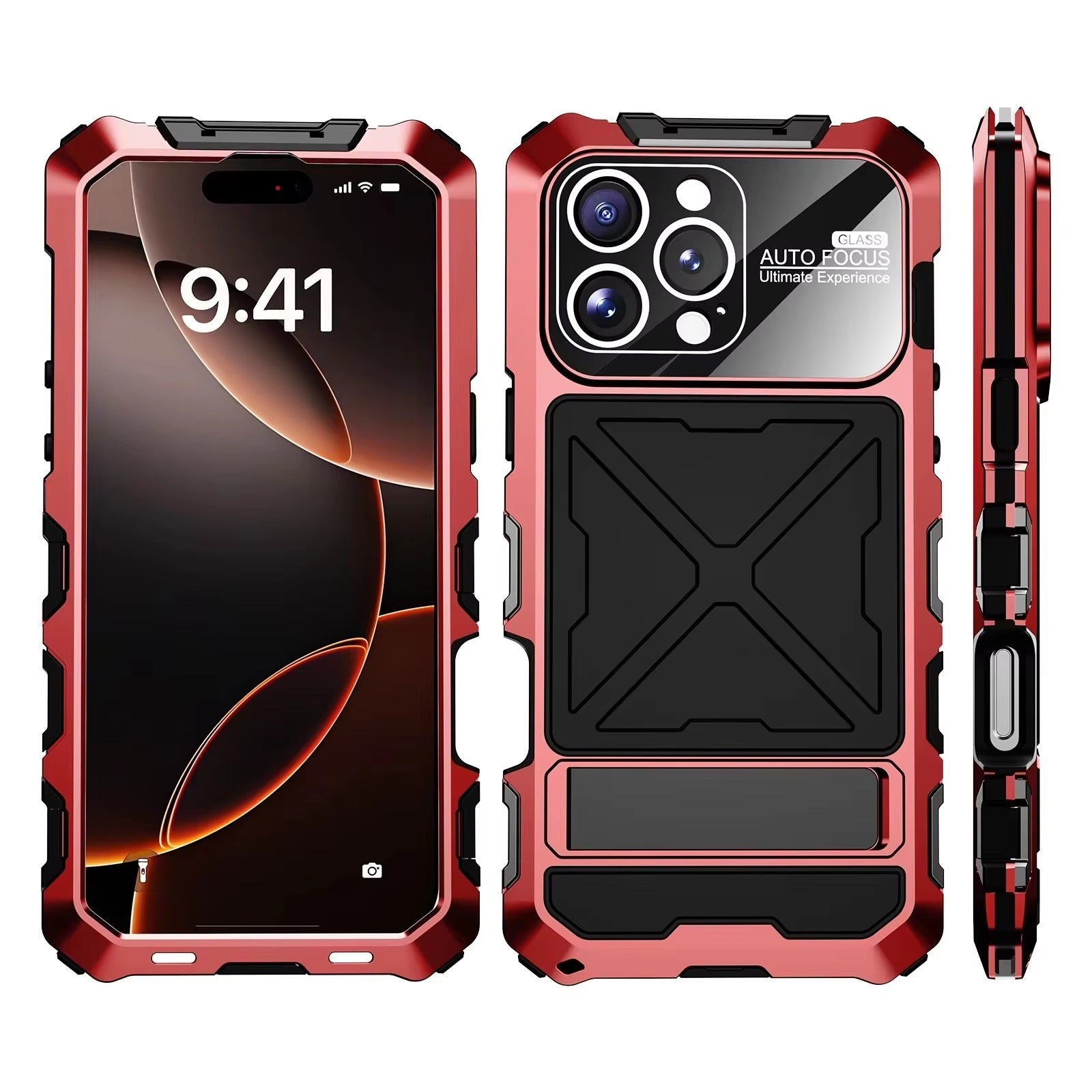 Luxury iPhone Case — Shockproof Metal Bumper Protective Cover with Anti-Fall Silicone Bracket & Rugged Design