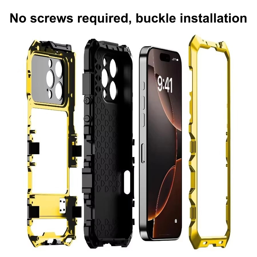 Luxury iPhone Case — Shockproof Metal Bumper Protective Cover with Anti-Fall Silicone Bracket & Rugged Design