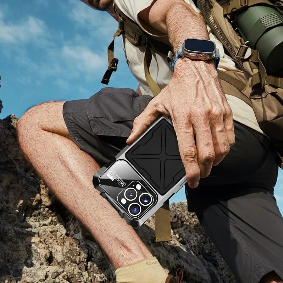 Luxury iPhone Case — Shockproof Metal Bumper Protective Cover with Anti-Fall Silicone Bracket & Rugged Design