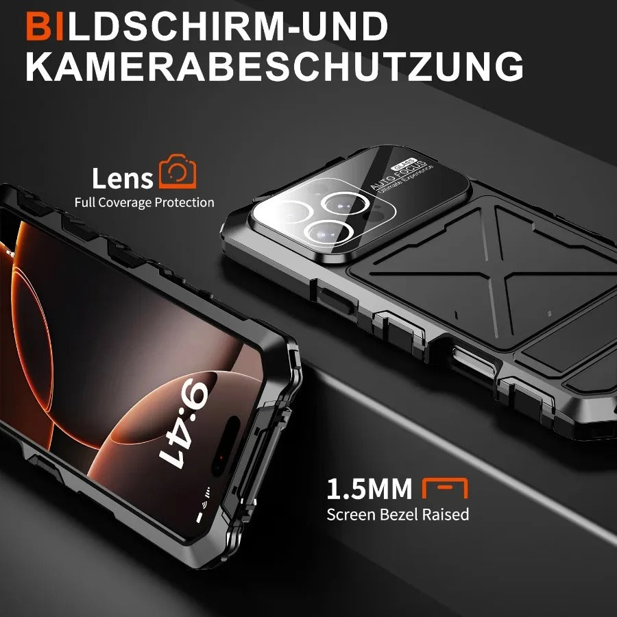 Luxury iPhone Case — Shockproof Metal Bumper Protective Cover with Anti-Fall Silicone Bracket & Rugged Design