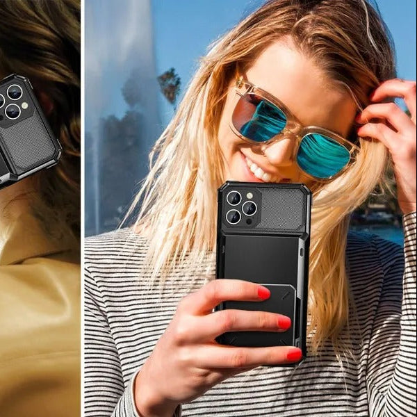 Luxury iPhone Case — Shockproof Slide Armor Wallet Cover with Card Slots, Dual-Layer Protection & Non-Slip Business Design