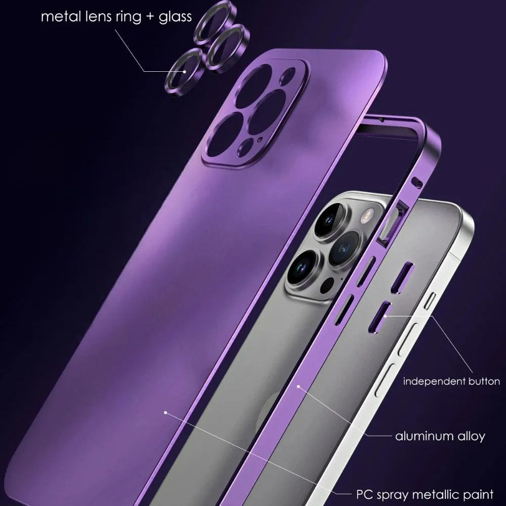 Luxury iPhone Case — Shockproof, Anti-Scratch, Dustproof, Matte Anti-Glare, Non-Slip Half-Wrapped Cover with Aluminum Metal Frame, PC Back and Camera Lens Glass Protection