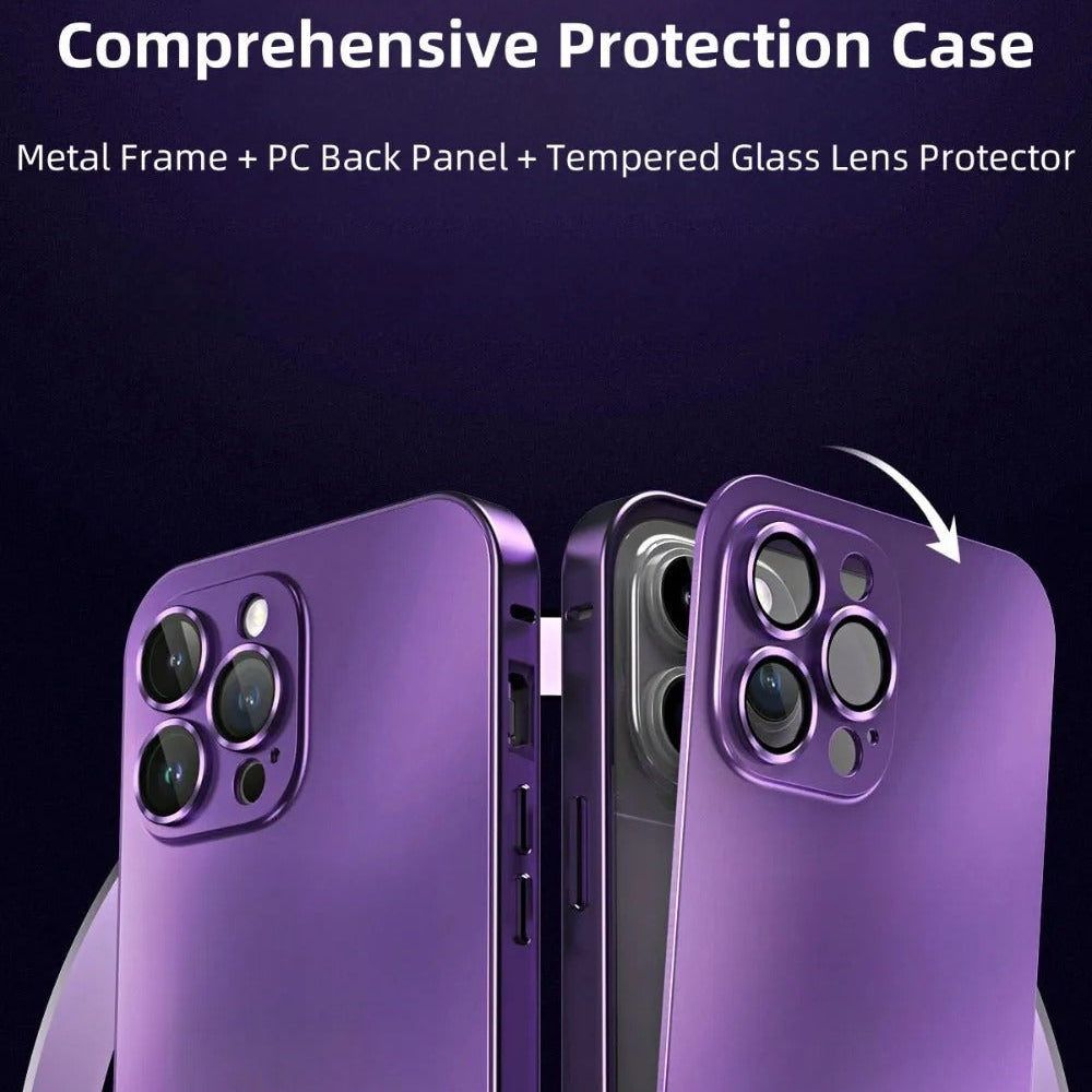 Luxury iPhone Case — Shockproof, Anti-Scratch, Dustproof, Matte Anti-Glare, Non-Slip Half-Wrapped Cover with Aluminum Metal Frame, PC Back and Camera Lens Glass Protection